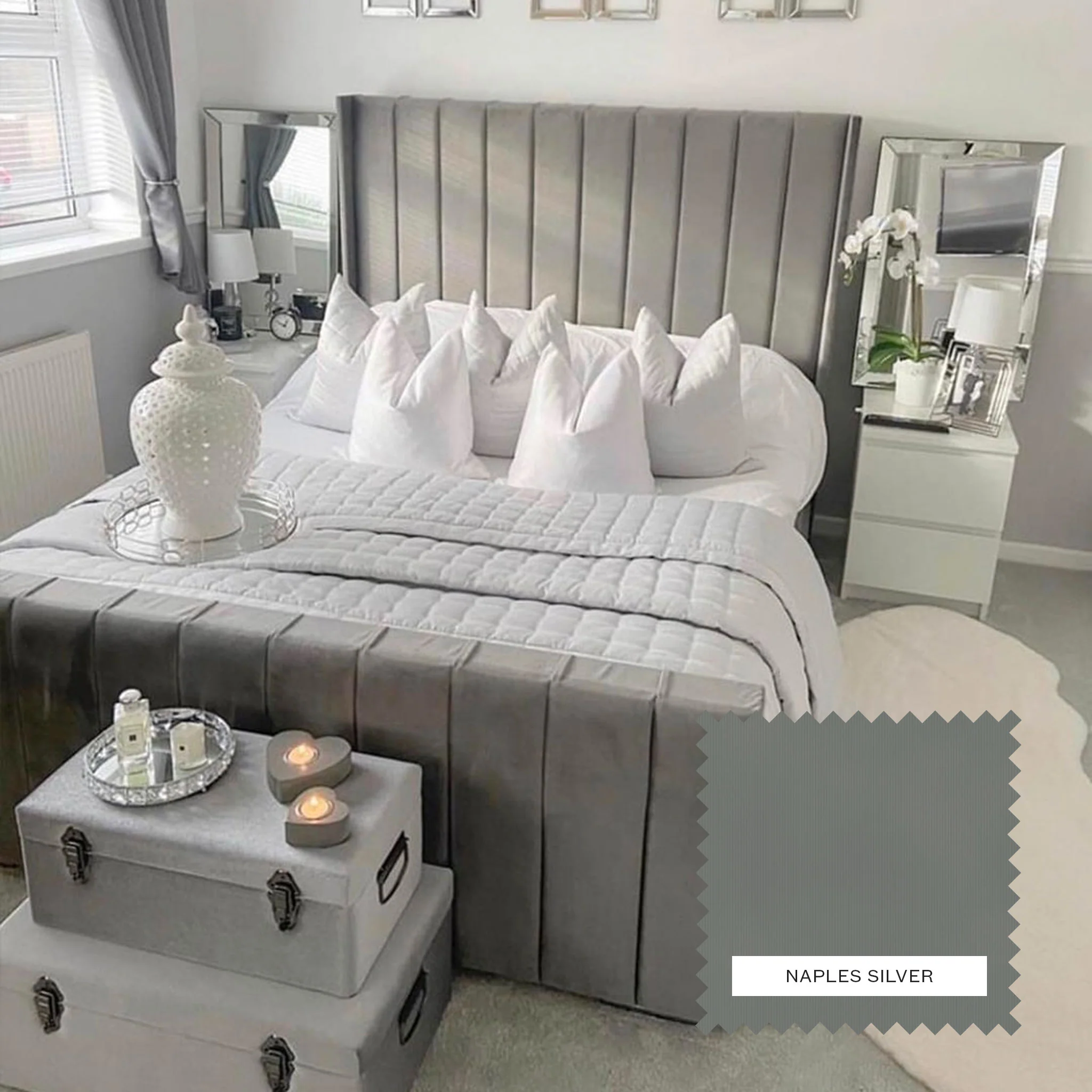 Charlotte Upholstered Bed Frame -- Naples Silver