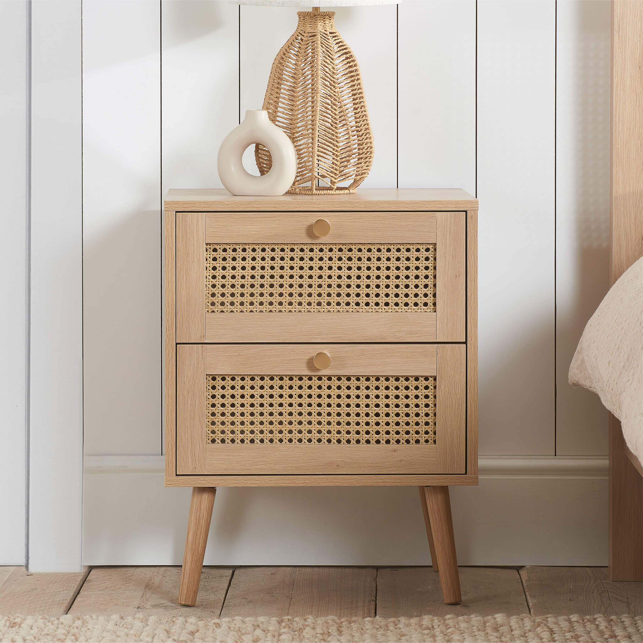Croxley 2 Drawer Rattan Bedside Oak
