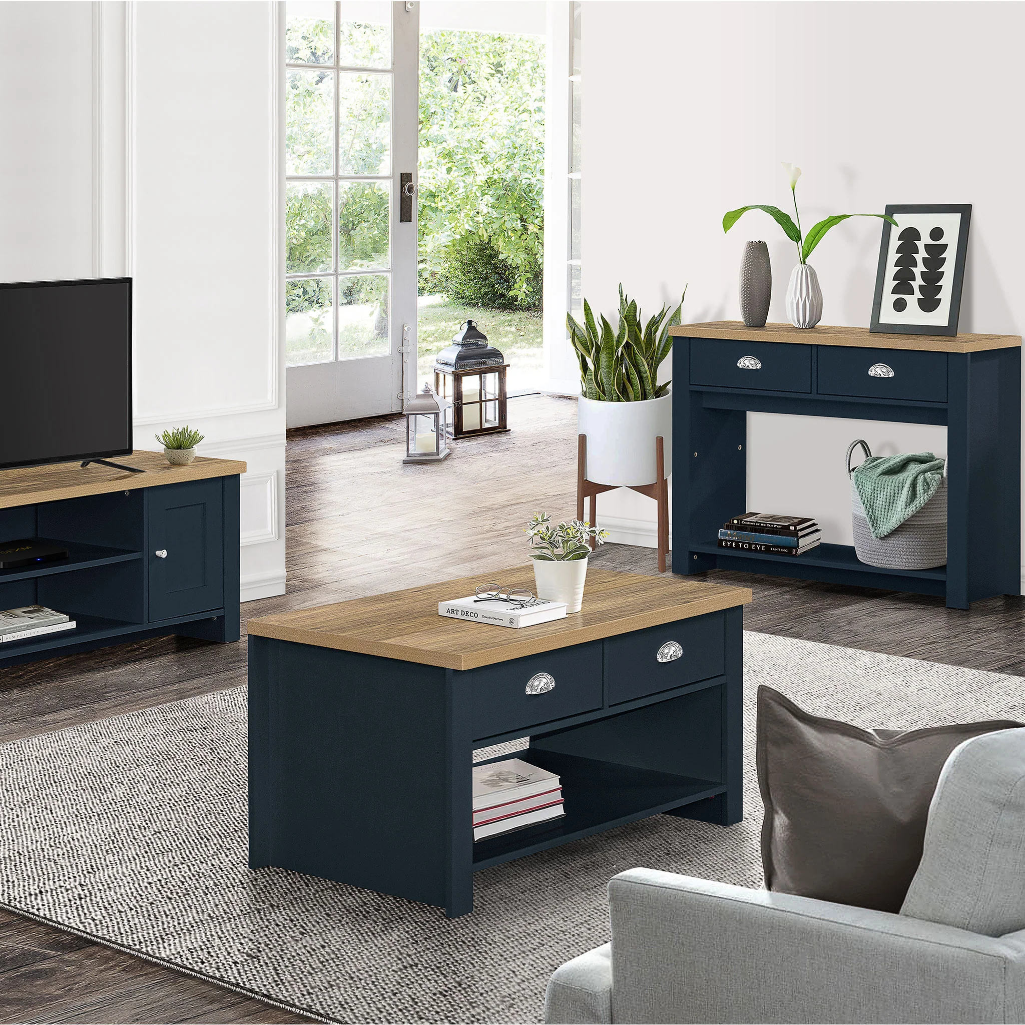 Highgate Navy Blue & Oak 2 Drawer Coffee Table - Image 2