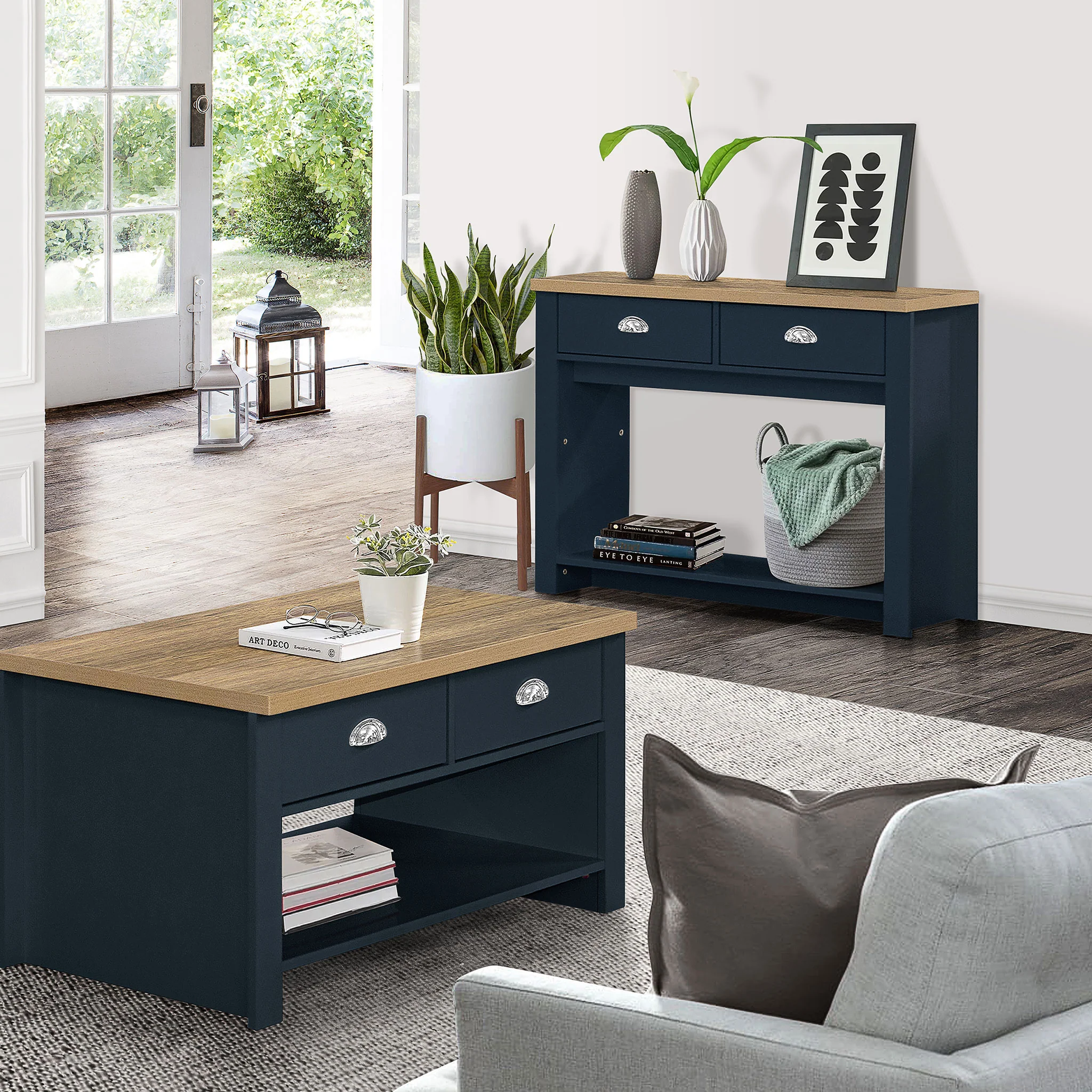 Highgate Navy Blue & Oak 2 Drawer Console Table - Image 2