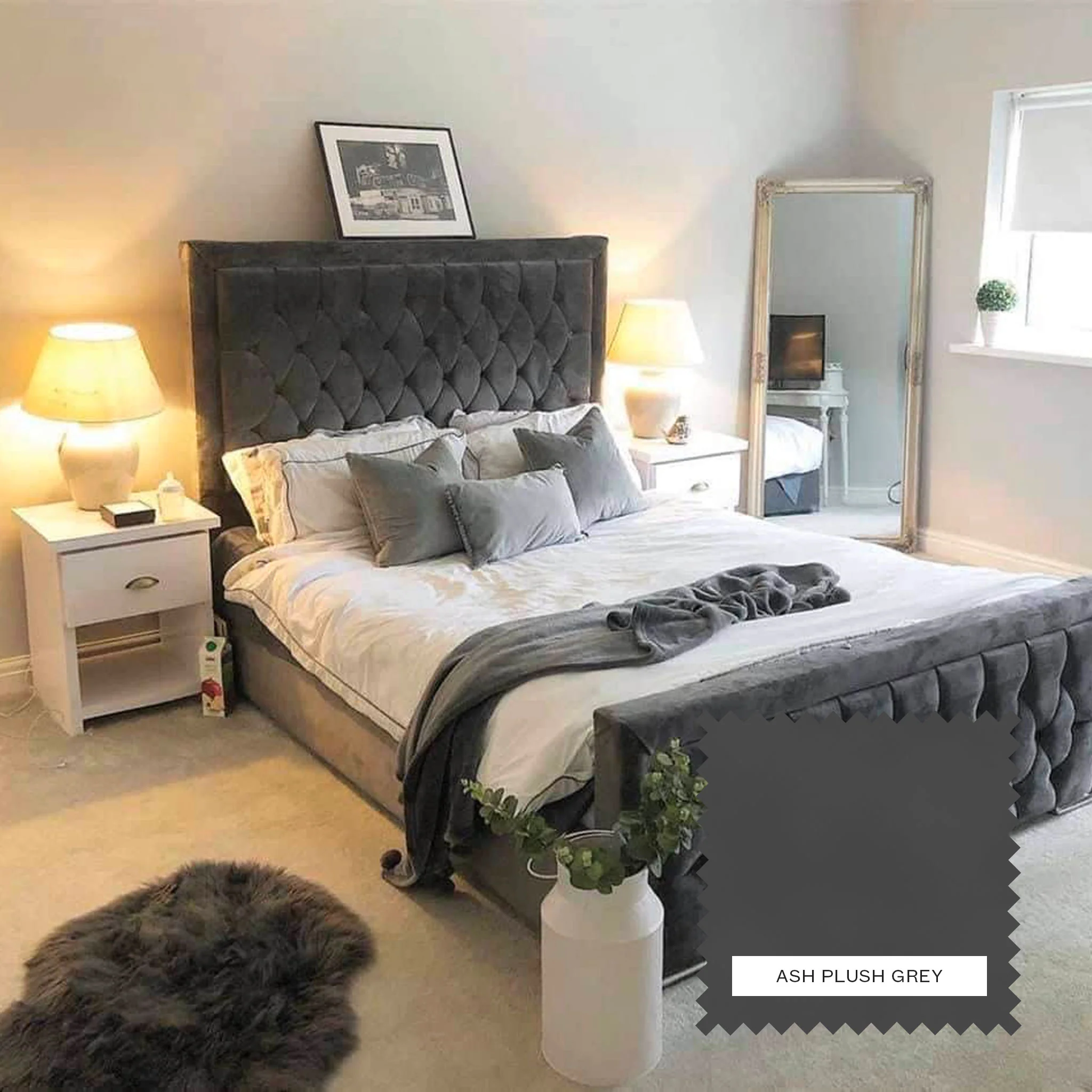 Ivy Upholstered Bed Frame -- Ash Plush Grey