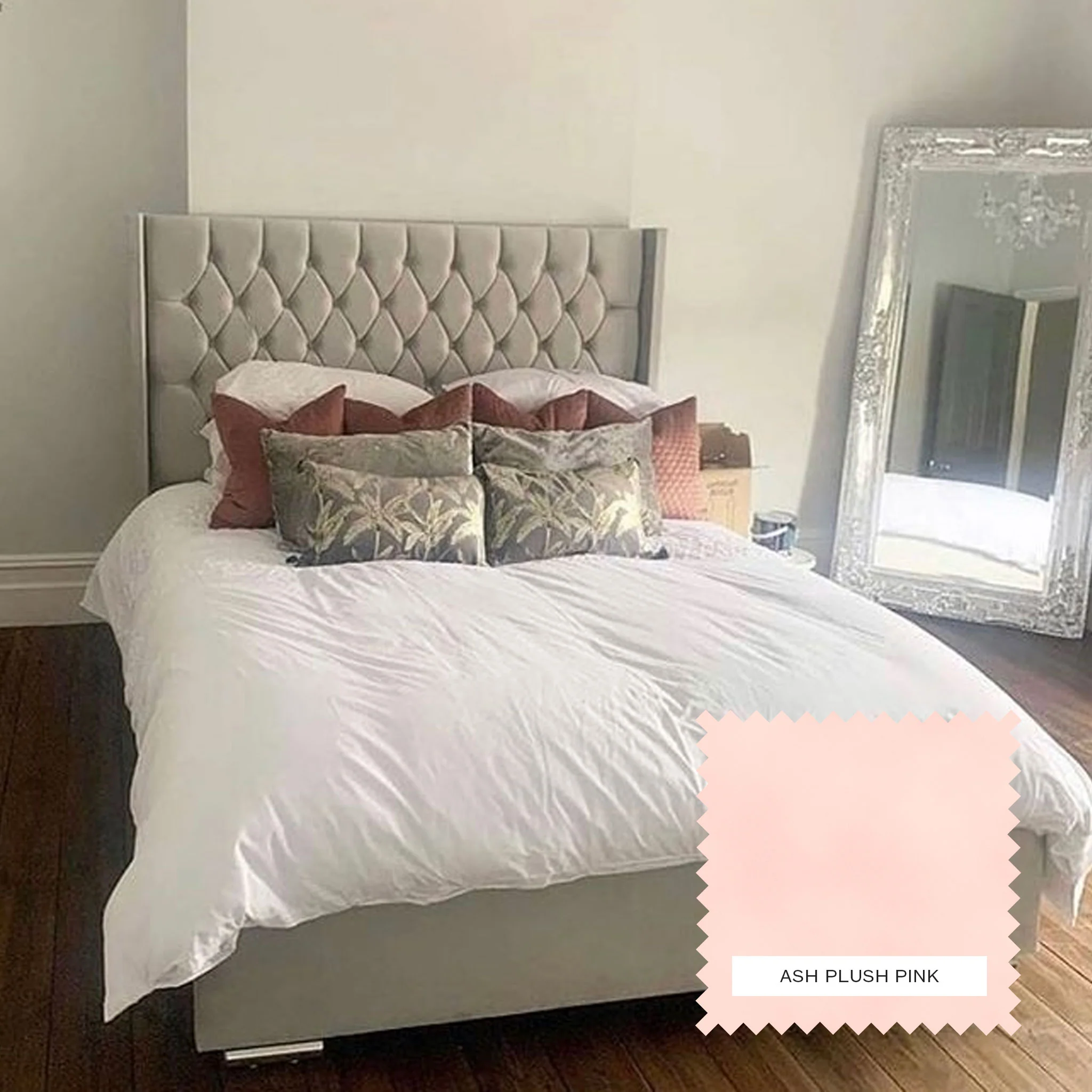 Opal Upholstered Bed Frame -- Ash Plush Pink