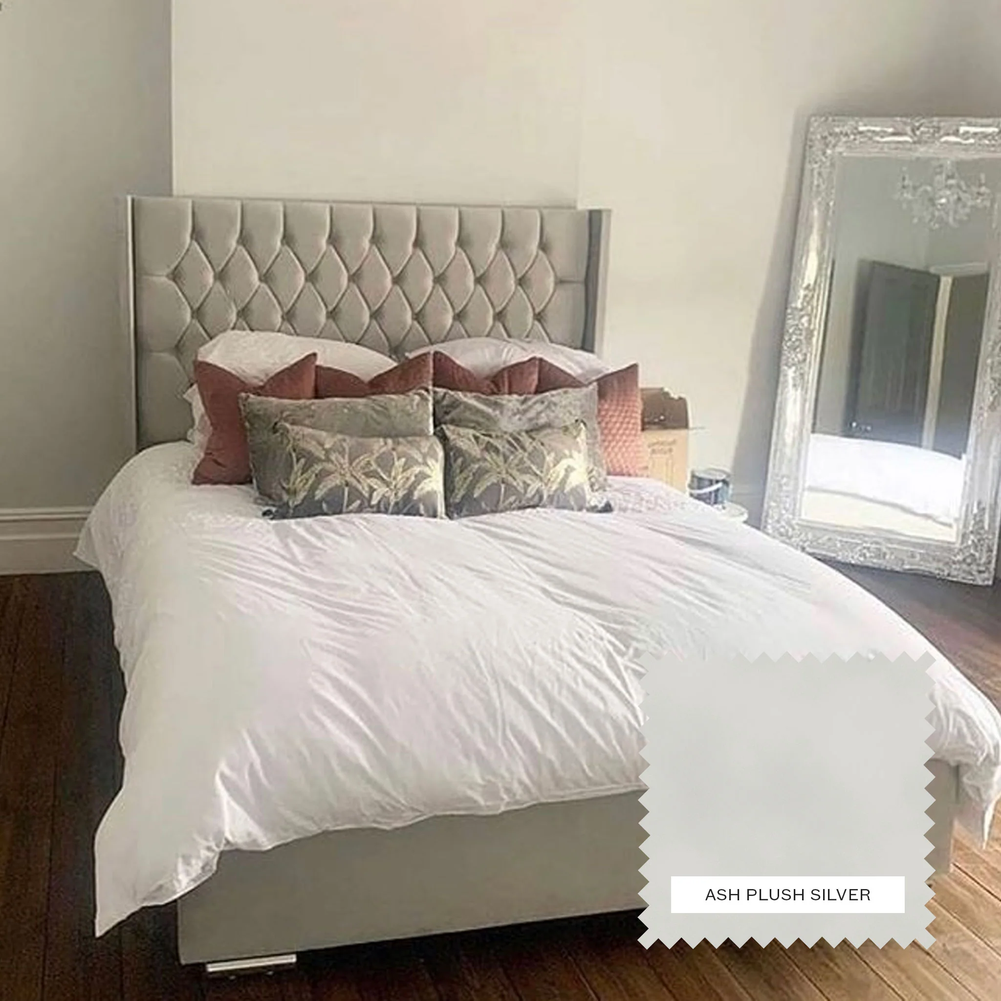 Opal Upholstered Bed Frame -- Ash Plush Silver