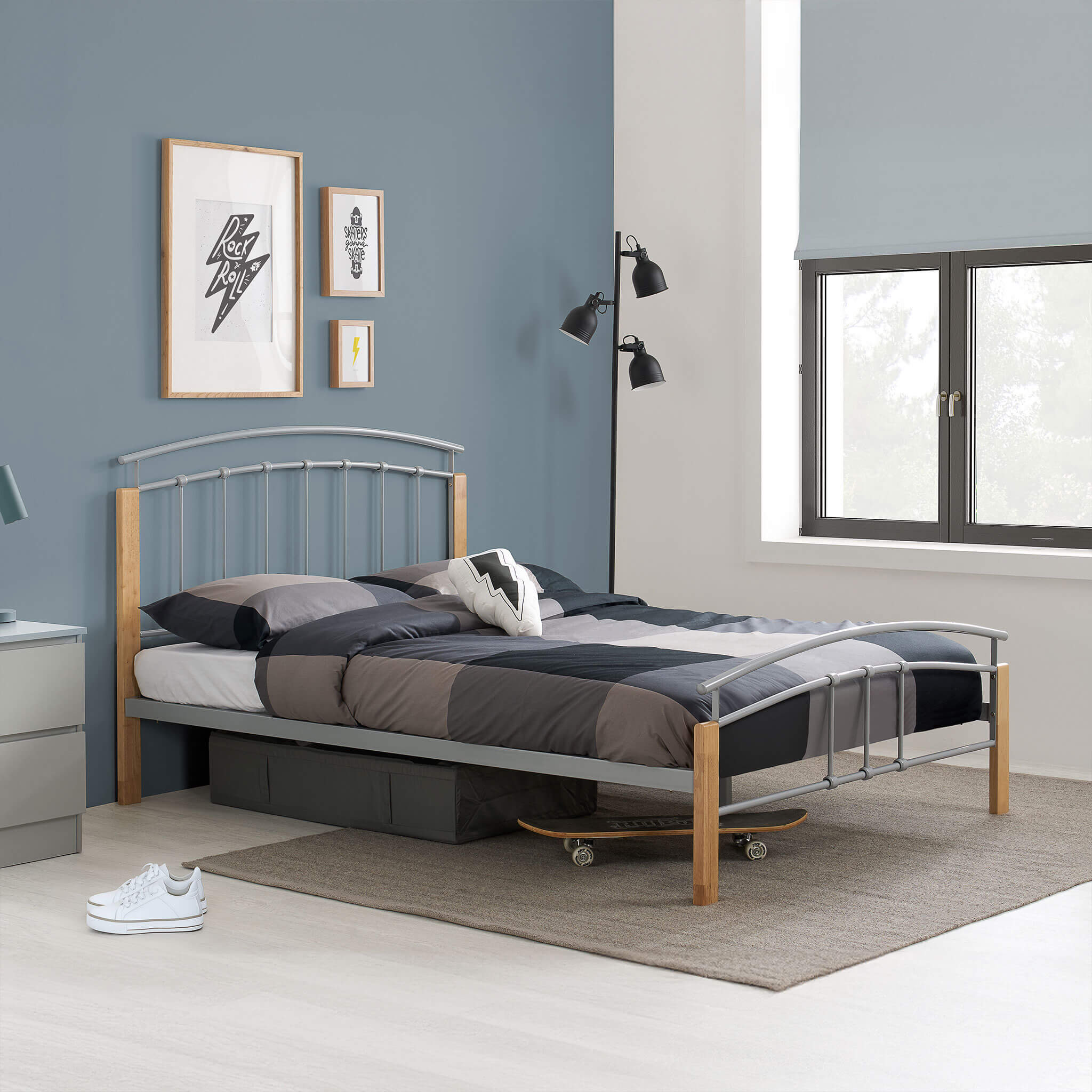 Tetras Beech And Silver Metal Bed Frame